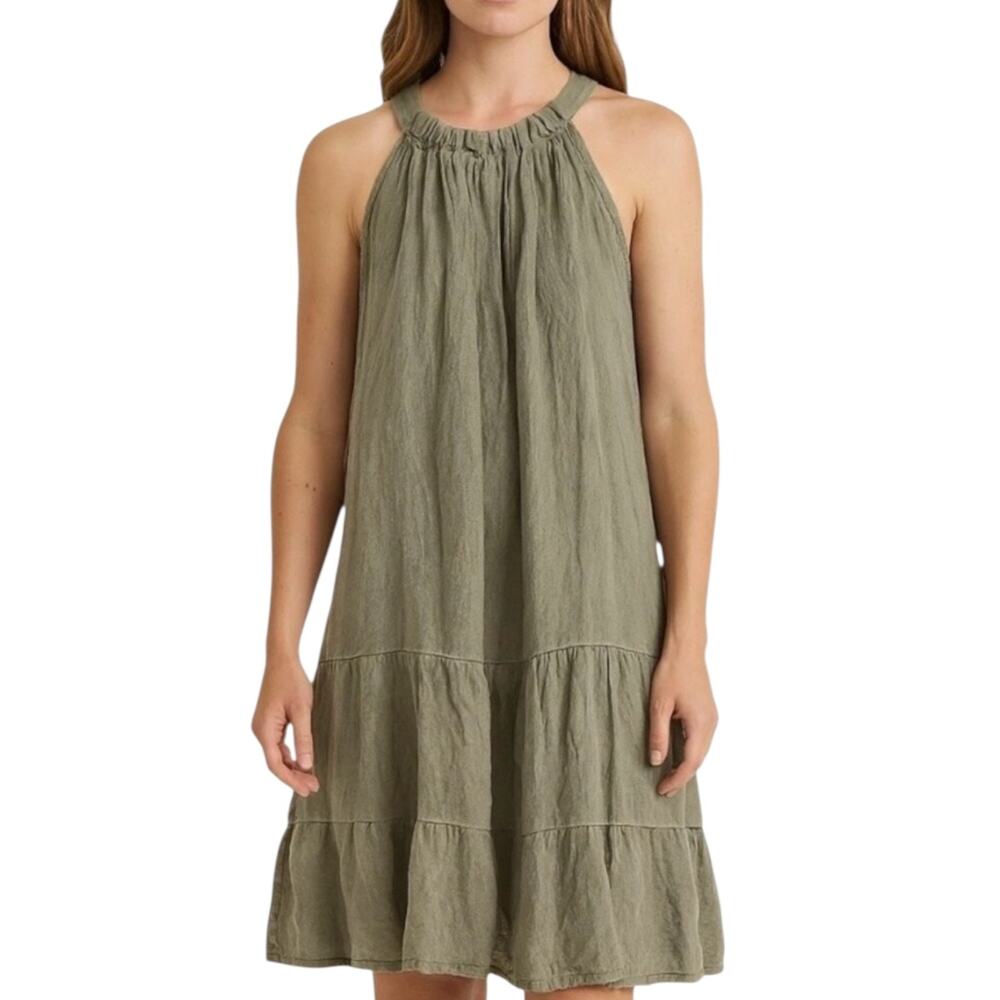 Bellambia Women Large green 100% linen Halter Tiered Olive dress Italy Dress
